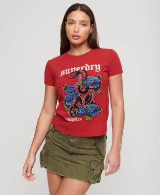 Superdry Femme T-shirt à Strass Effet Tatouage Rouge Taille: 44