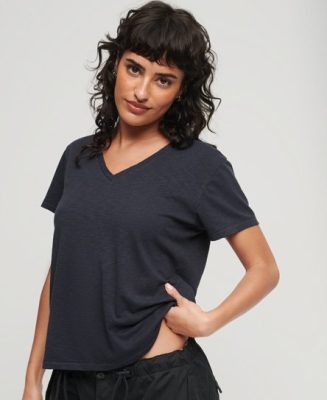 Superdry Femme T-shirt col V Brodé et Flammé Bleu Marine Taille: 42