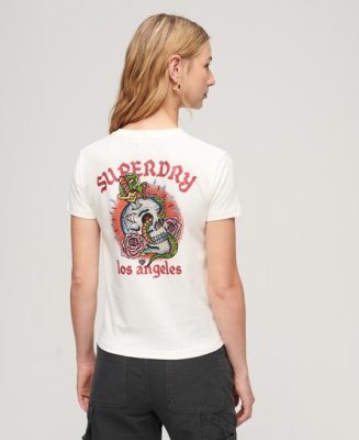 Superdry Femme T-shirt à Strass Effet Tatouage Blanc/Rouge Taille: 36