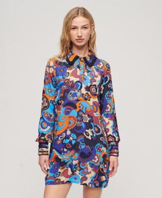 Superdry Femme Robe-chemise Courte Imprimée Motifs Années 60 Bleu/Rose/Blanc Taille: 44