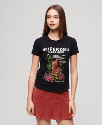 Superdry Femme T-shirt à Strass Effet Tatouage Noir Taille: 38