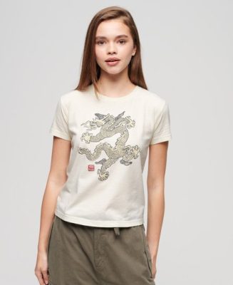 Superdry Femme T-shirt Slim x Komodo Dragon CRÈME Taille: 42