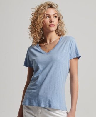 Superdry Femme T-shirt col V Brodé et Flammé Bleu Taille: 44