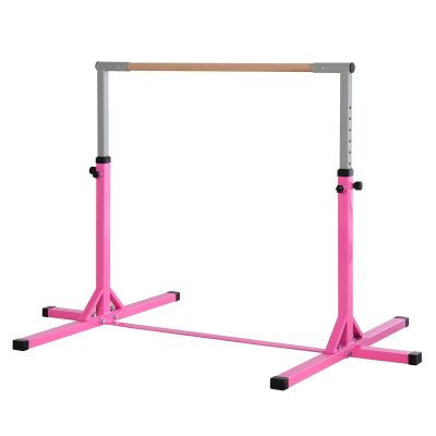 HOMCOM Barre fixe de gymnastique enfant - barre de gymnastique hauteur réglable 13 niveaux 92 à 150 cm - acier rose bois massif hêtre