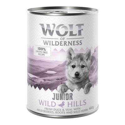 Lot Wolf of Wilderness 24 x 400 g pour chiot - Wild Hills Junior - canard