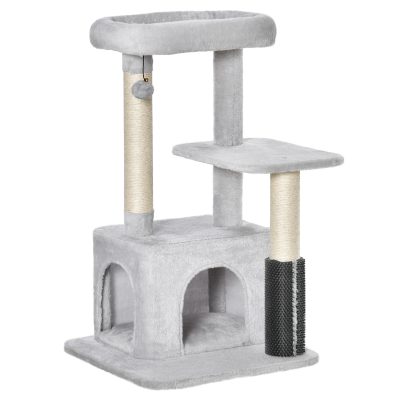PawHut Arbre à chat arbre à grimper griffoir massage pour chat centre d'activités avec niche et plates-formes hauteur 85 cm gris clair