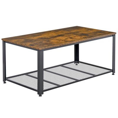 HOMCOM Table basse table de salon rectangulaire style vintage industriel avec étagère métal Noir Panneaux Particules Imitation Bois   Aosom France