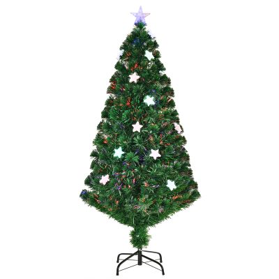 HOMCOM sapin de Noël artificiel avec 21 lumières LED en étoile et fibre optique multicolore 180 branches en PVC base en acier Ø 60 x 150H cm vert